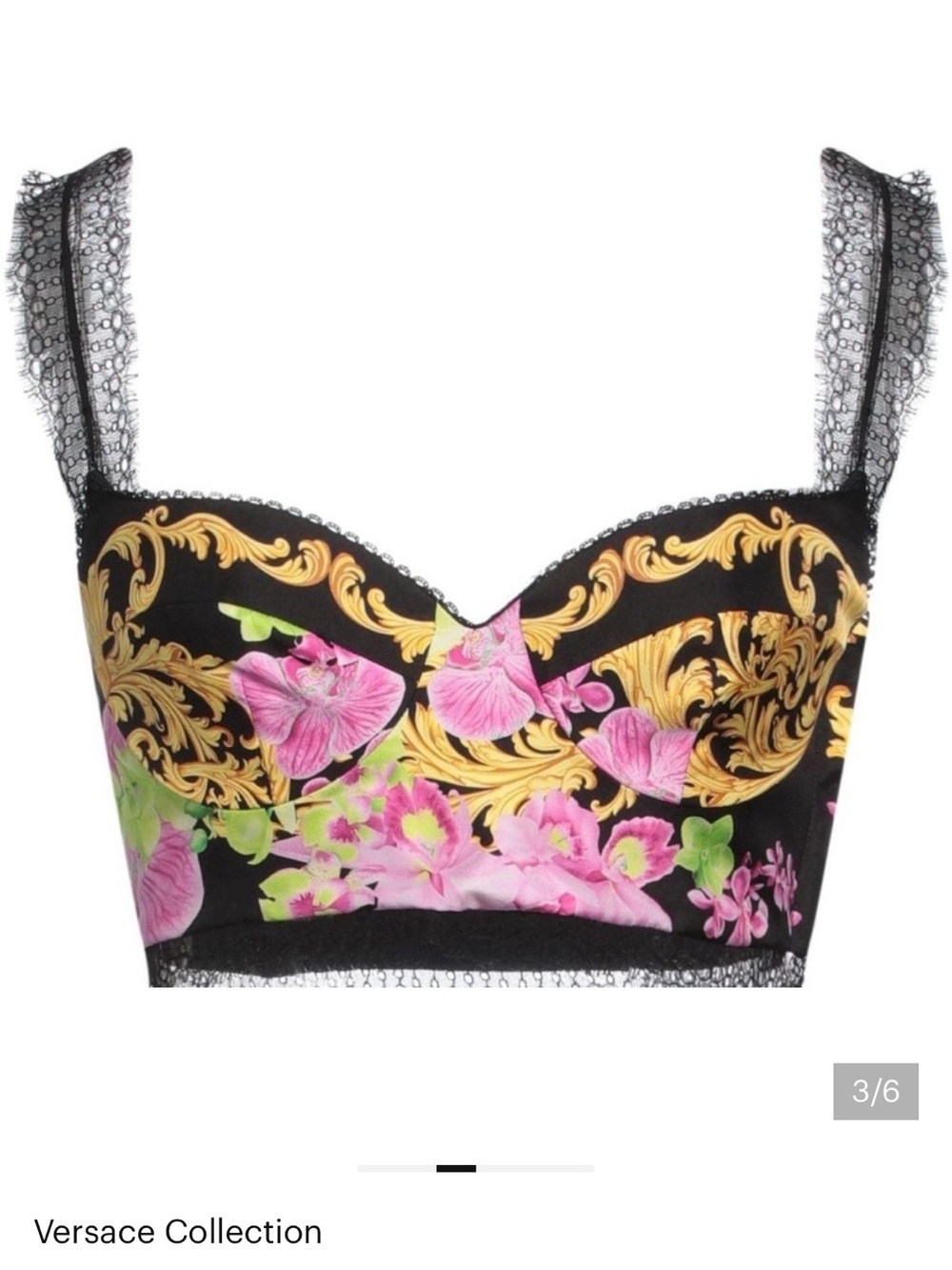 Versace Collection Black Gold Pink Floral Lace-Trim Bustier